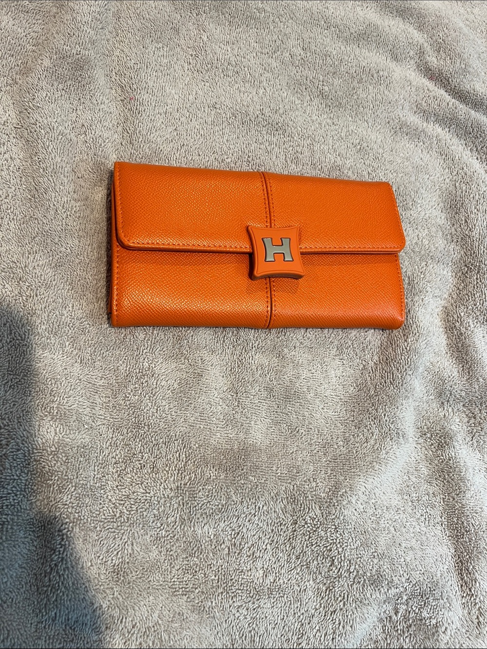 Pebbled Orange Leather Wallet Clutch with Signature H Accent